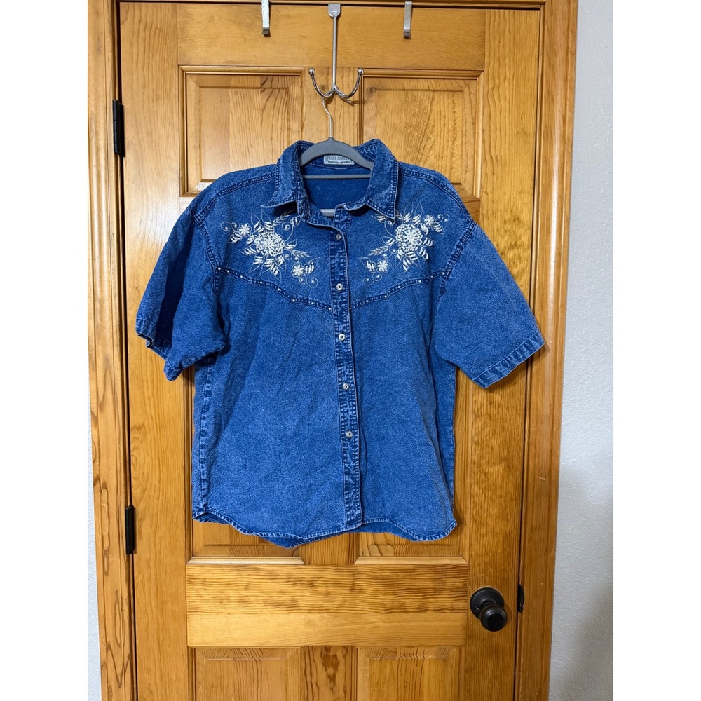 Jane Ashley Women's Blue Denim Short Sleeve Embroidered Pearl Beaded Shirt Top